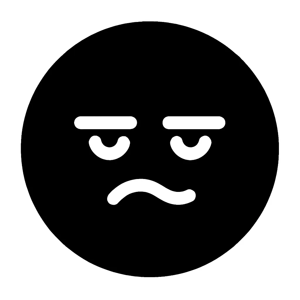顔文字うーん｜まっすぐ見つめた目と、波打つようなへの字口を白抜きで描いた「うーん…」顔文字です。疑問や迷いを含んだ感情を伝えるのに適した、ニュートラルな印象のアイコンです。