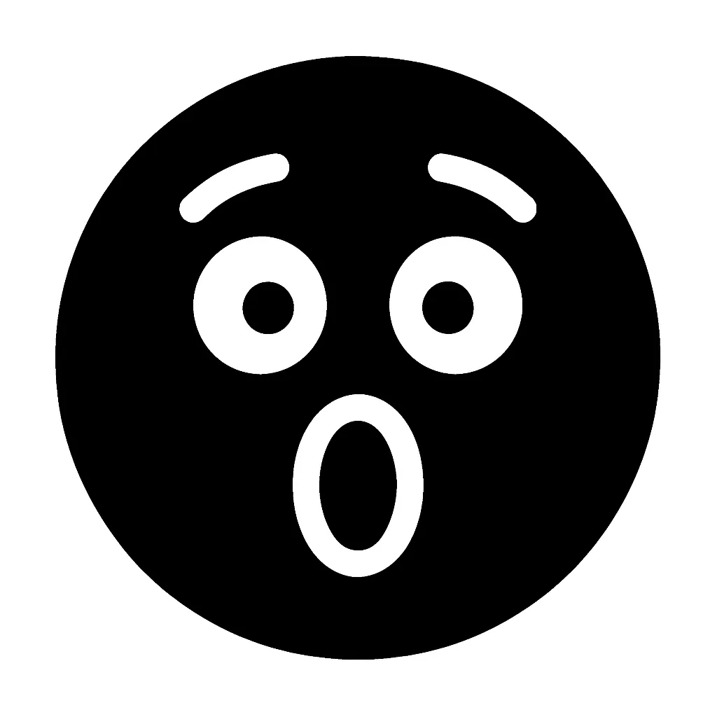 顔文字びっくり｜丸く見開いた目と、ポカンと開いた口で「驚き」や「意外性」を一瞬で伝える顔。眉も大きく持ち上げ、白黒のコントラストを活かしたインパクト重視のピクト顔アイコン。
