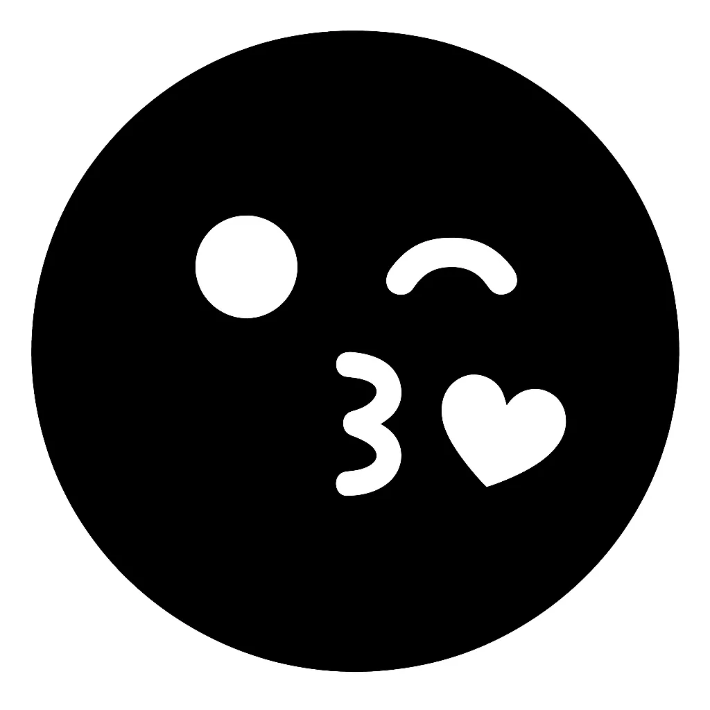 顔文字キス｜唇をすぼめたキスの口元と、片目ウインクを白抜きで構成した表情。シンプルな構成ながら愛情や感謝を伝えるアイコンに最適で、AAでは「（*3*）」「（*´3｀）chu♪」などが定番。ふんわり優しい印象を残す。