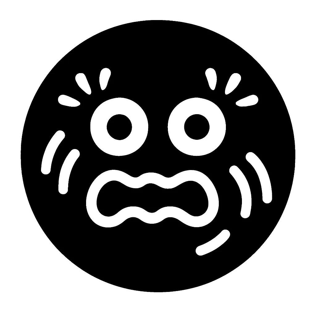 顔文字じたばた｜丸目と苦悶気味の口元、周囲にバタバタと動きを示すラインを加えた「じたばた」顔文字。焦りや困惑、抗議や混乱などの感情をシンプルな図形で視覚化しました。SNSや資料中のリアクション素材にも活用できます。
