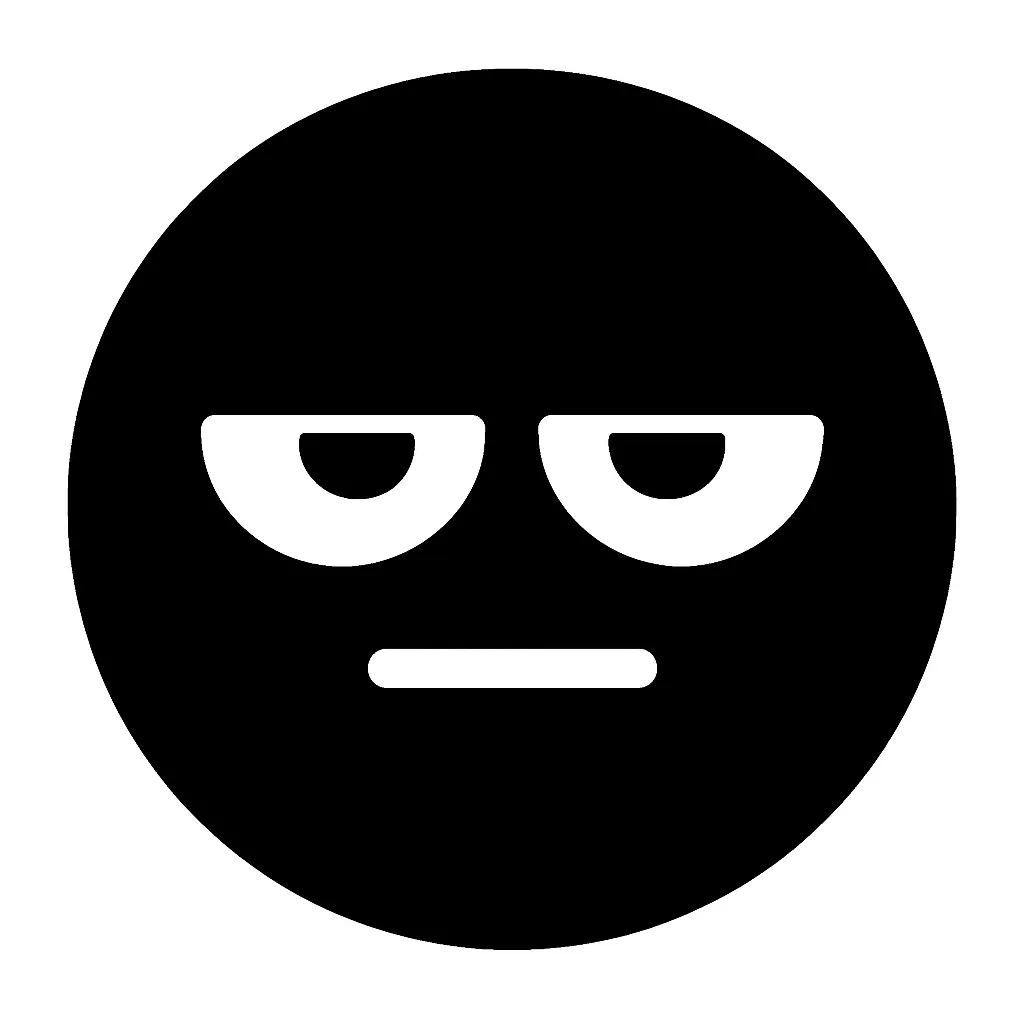 顔文字ジト目｜目を斜め下にずらし、半開きのまぶたラインと平坦な口元で「ジト目（冷ややか視線）」を記号化。軽い嫌悪感や呆れ、見透かすような視線などを表す繊細なニュアンス表現が可能な白抜き顔文字です。
