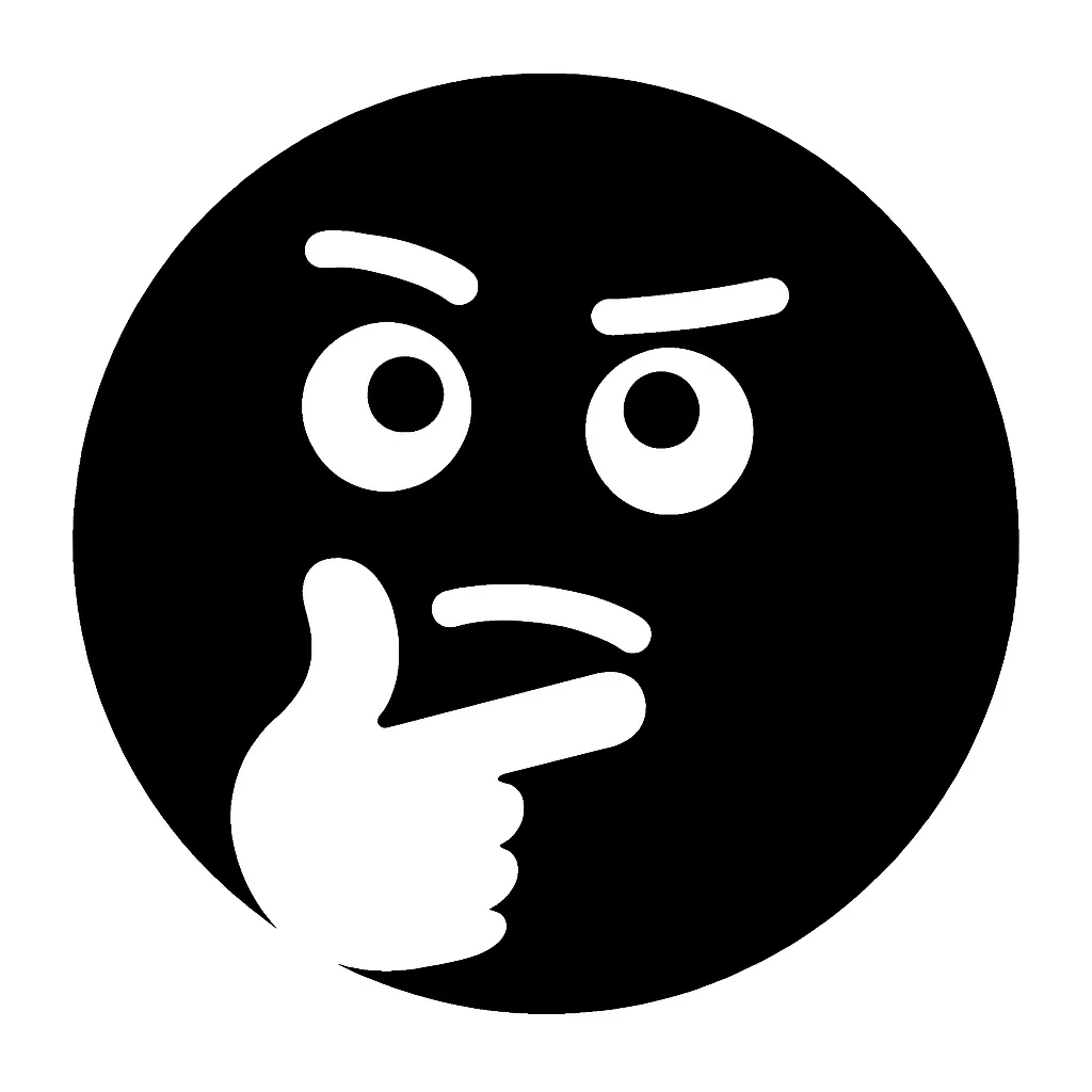 顔文字考える｜眉をひそめて見上げる視線と、口元に添えた指のような線で「考え中」を表現した顔文字。疑問・思考・選択肢に迷う感情を、モノクロ記号でスマートに可視化します。