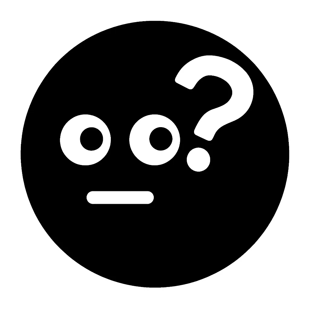 顔文字はてな｜基本表情の上に「？」記号を白抜きで重ね、疑問・困惑・確認などを表す顔文字。「何それ？」「どういうこと？」といった反応を直感的に伝えられる記号的スタンプ素材です。