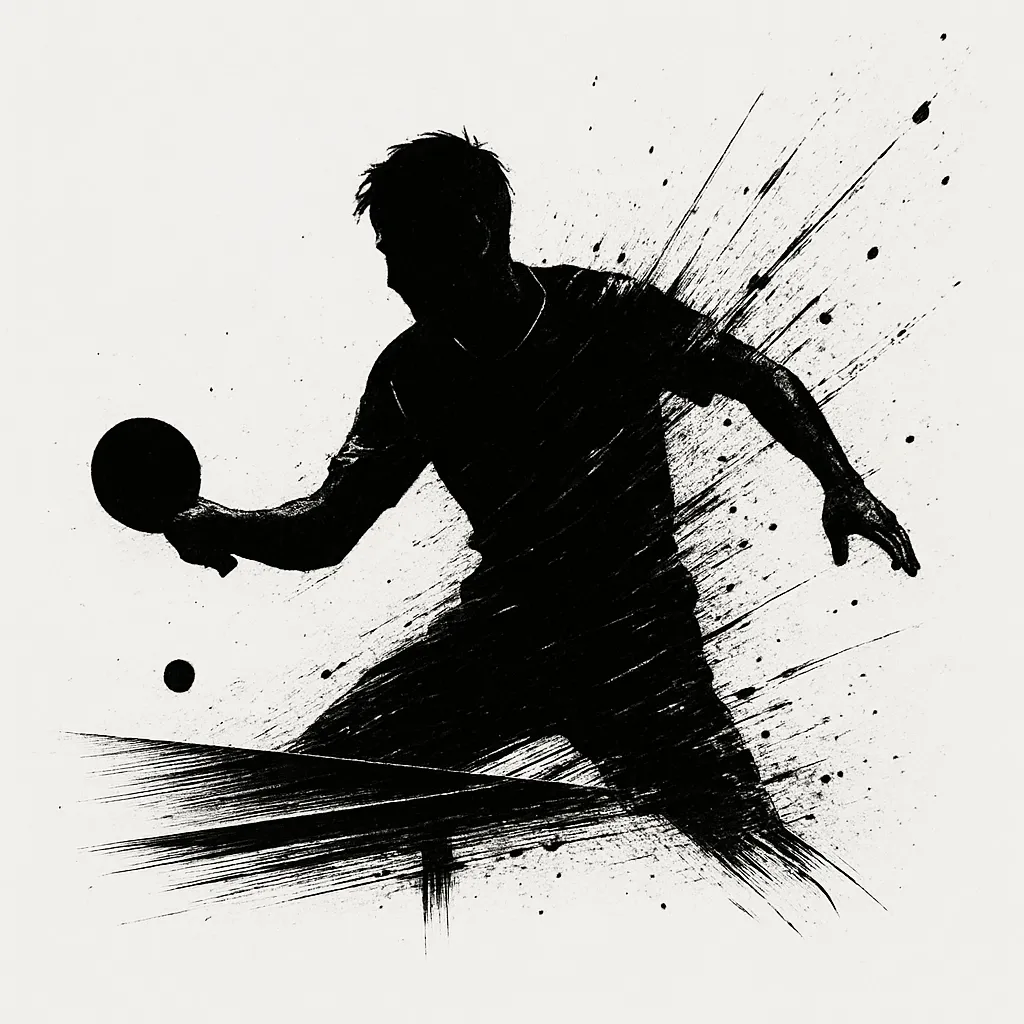 かっこいい黒スプラッシュの卓球｜台の向こうへ鋭くドライブを放つ卓球選手の一瞬が、インクのスプラッシュで躍動感豊かに表現されている構図です。