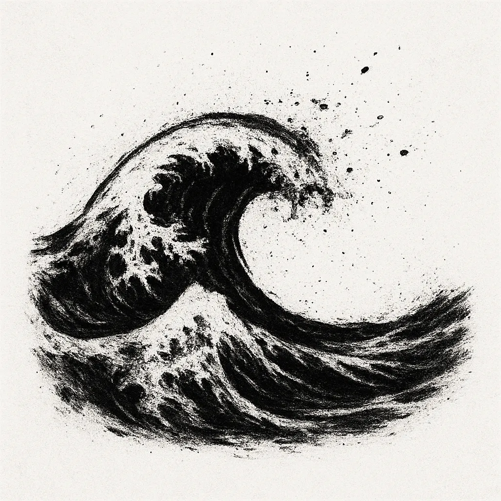 かっこいい黒スプラッシュの海｜うねる波の動きを墨の勢いで描き、海の力強さと広がりを黒の濃淡で表現。飛び散るスプラッシュが潮風の迫力を演出。