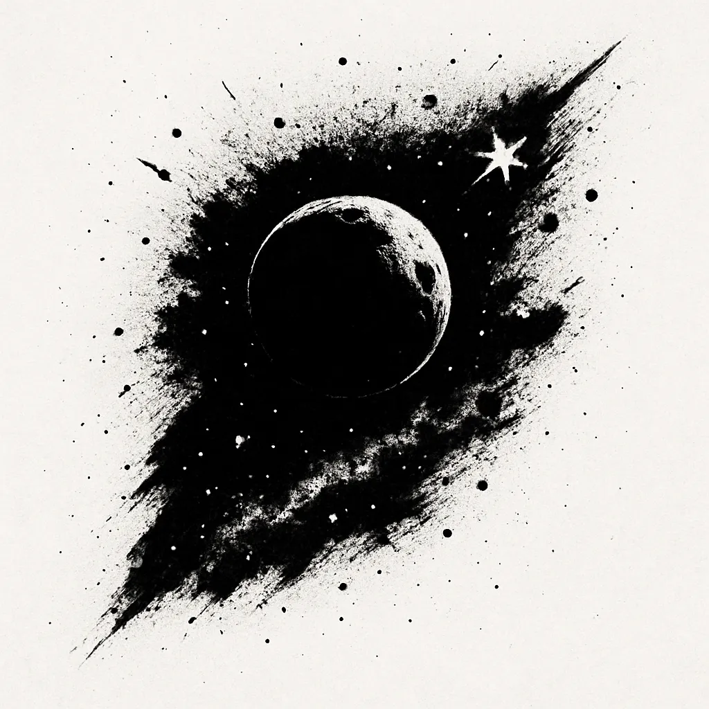 かっこいい黒スプラッシュの宇宙｜浮かぶ惑星と流れる星屑を背景に、宇宙空間を象徴するシルエット。墨の飛沫が無重力と広がりを演出。