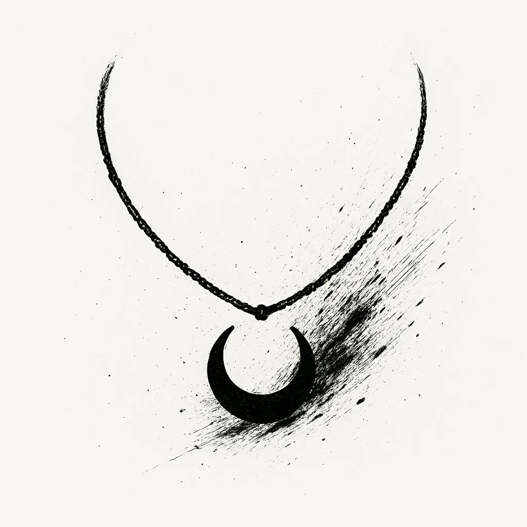 かっこいい黒スプラッシュのネックレス｜胸元にゆったりと垂れるネックレスが印象的に描かれ、円弧を描くようなスプラッシュが優美さと動きの余韻を表現しています。