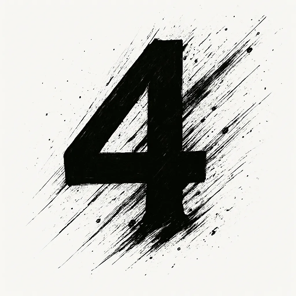 かっこいい黒スプラッシュの数字の４｜直線的な構造を持つ数字の４のシルエットが、斜めに走るスプラッシュとともに描かれています。静と動を併せ持つ安定感のある構図です。