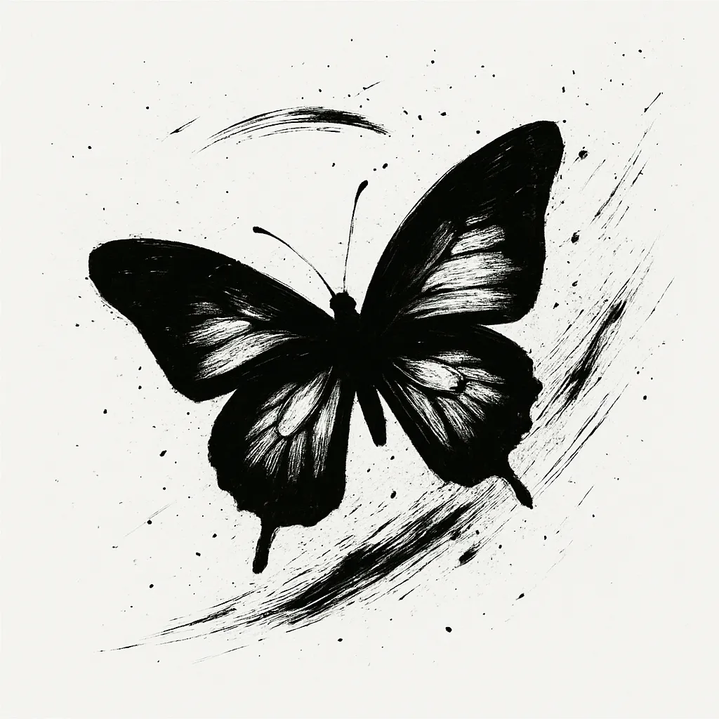 かっこいい黒スプラッシュのちょうちょ｜大きく羽ばたくちょうちょのシルエットが、墨の弧を描くスプラッシュとともに描かれています。軽やかで幻想的な動きが白背景に際立ちます。