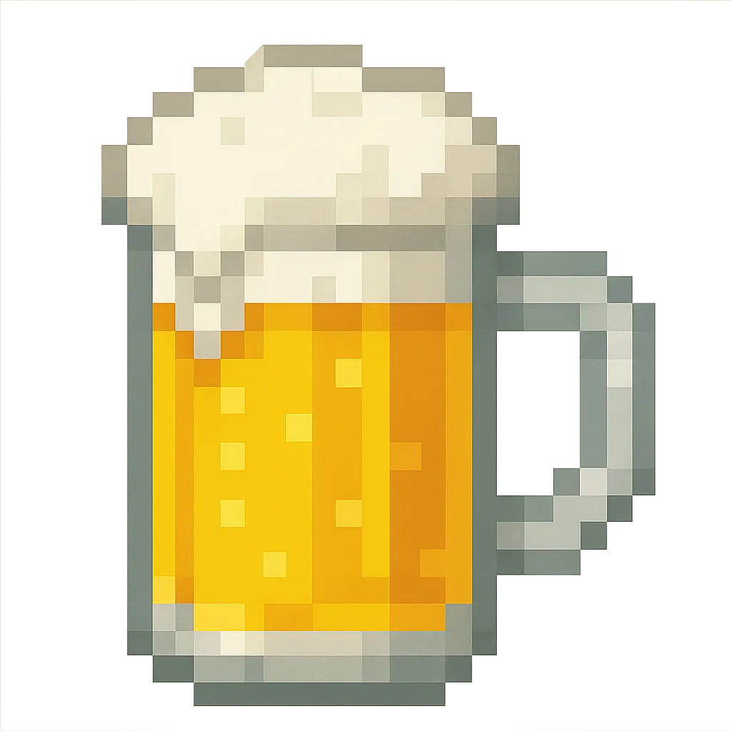 かわいいブロック調のビール｜透明なジョッキの中に注がれた黄金色のビールを、ブロックで立体的に表現。上には白い泡がこんもり乗っており、爽快感とにぎやかさのある仕上がりです。