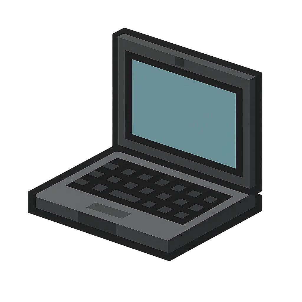かわいいブロック調のノートパソコン｜開いた状態で画面とキーボードを表現したノートパソコン。グレー系のブロックで薄型に構成され、画面には青系、キーボードは黒系でピクセルを配置。透過背景でも作業感が伝わるスッキリした仕上がりです。