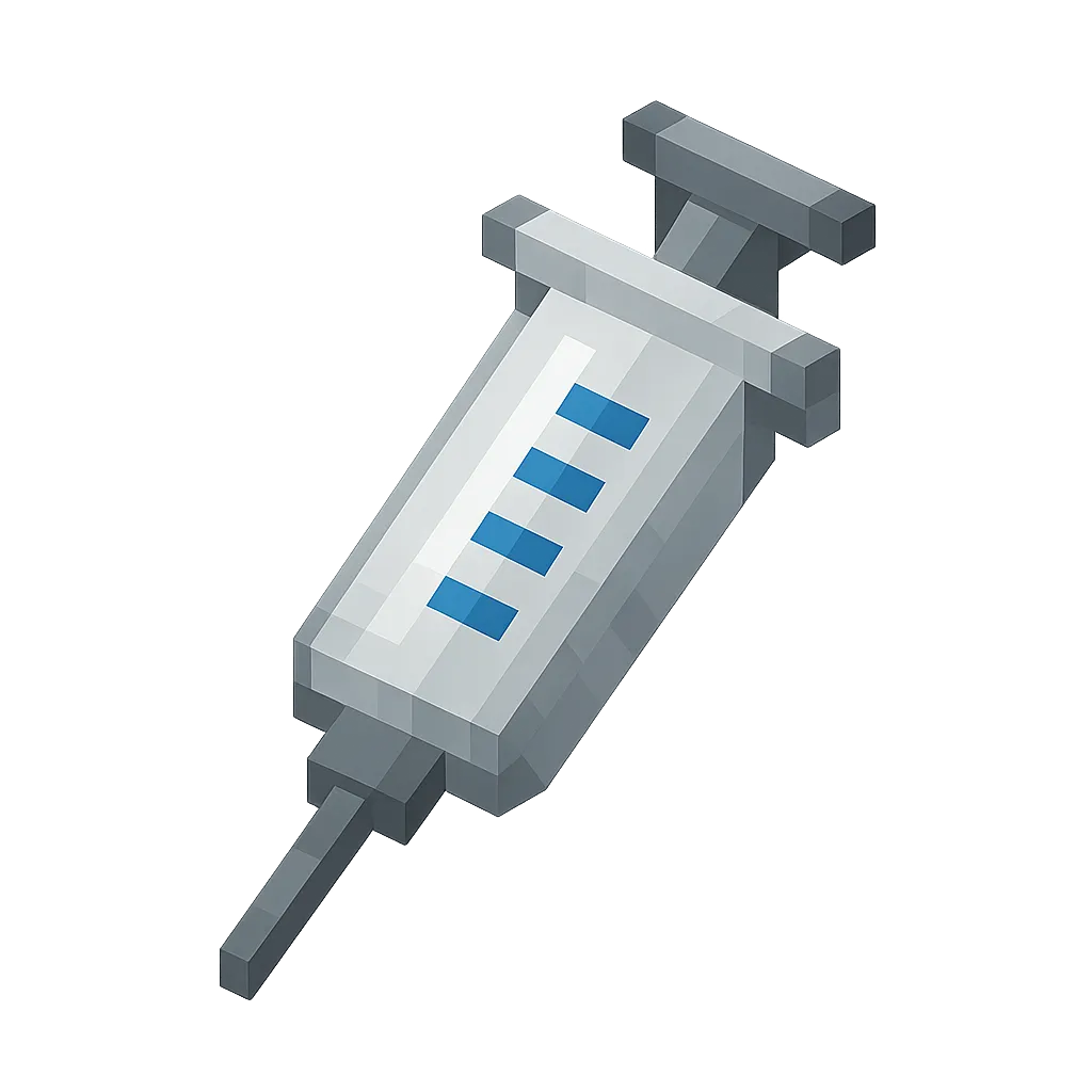 かわいいブロック調の注射｜医療用の注射器をマイクラ風に表現しました。白い本体とグレーの針、青い目盛り部分がブロックで構成され、シンプルで清潔感のあるデザインです。病院や健康管理のイメージに最適です。