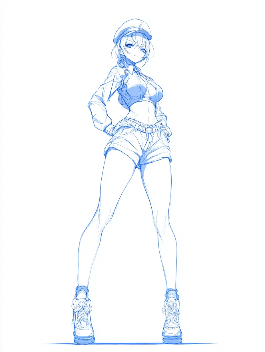 腰に手を当てポーズのキャップ女性マネキン｜キャップとショートパンツで軽快にまとめられたスタイルが魅力。視線を上げたポーズと足を広げた構図が力強く、「腰に手を当てポーズ」によるアクティブな雰囲気を強調している。