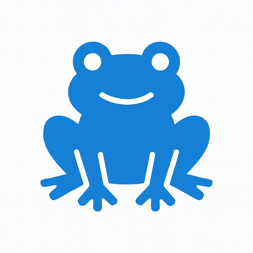 青のアイコンシリーズ：カエル｜青のカエルのアイコン、ユーモラスでにっこりした表情が特徴的です。