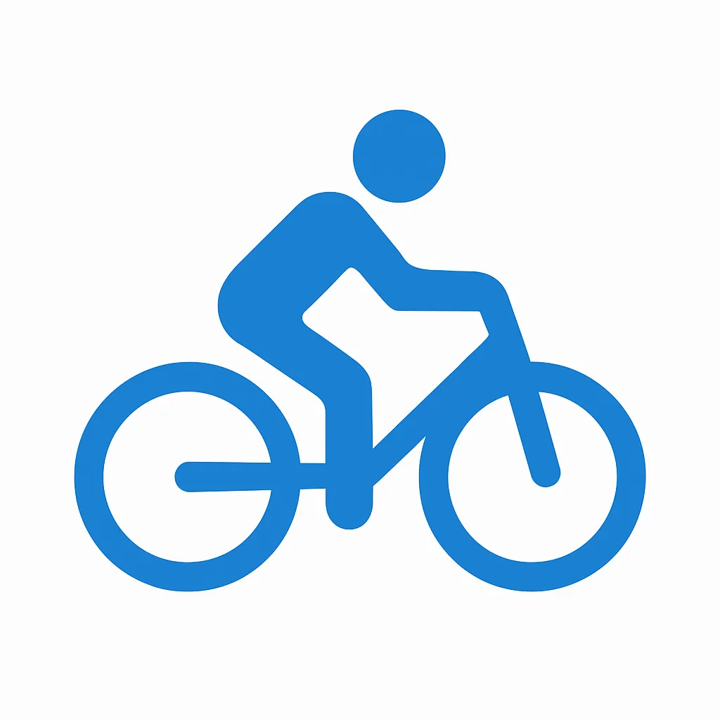 青のアイコンシリーズ：自転車｜青の自転車のアイコン、人の姿と車輪のバランスがスムーズな印象です。