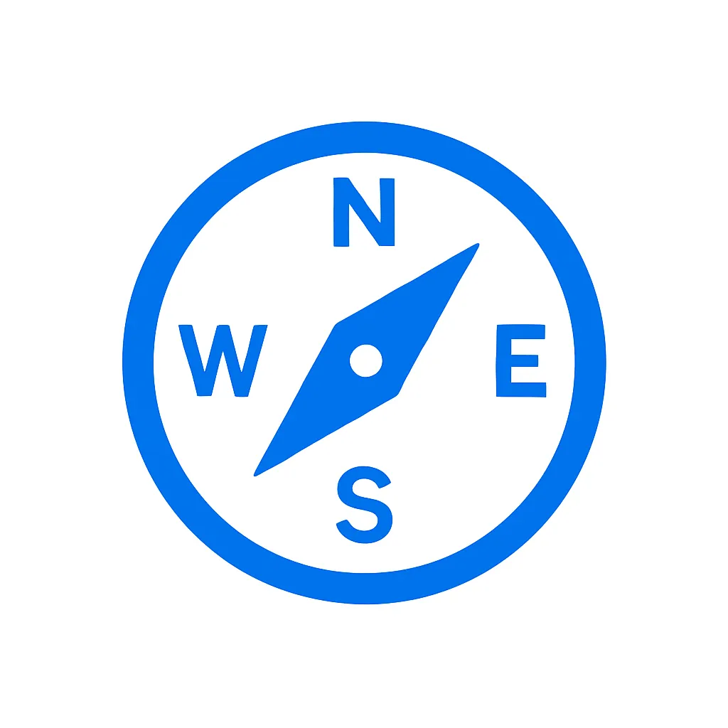 青のアイコンシリーズ：東西南北｜N・S・E・Wの4文字が入った丸い方位盤をモチーフにした、位置や方角を伝える記号