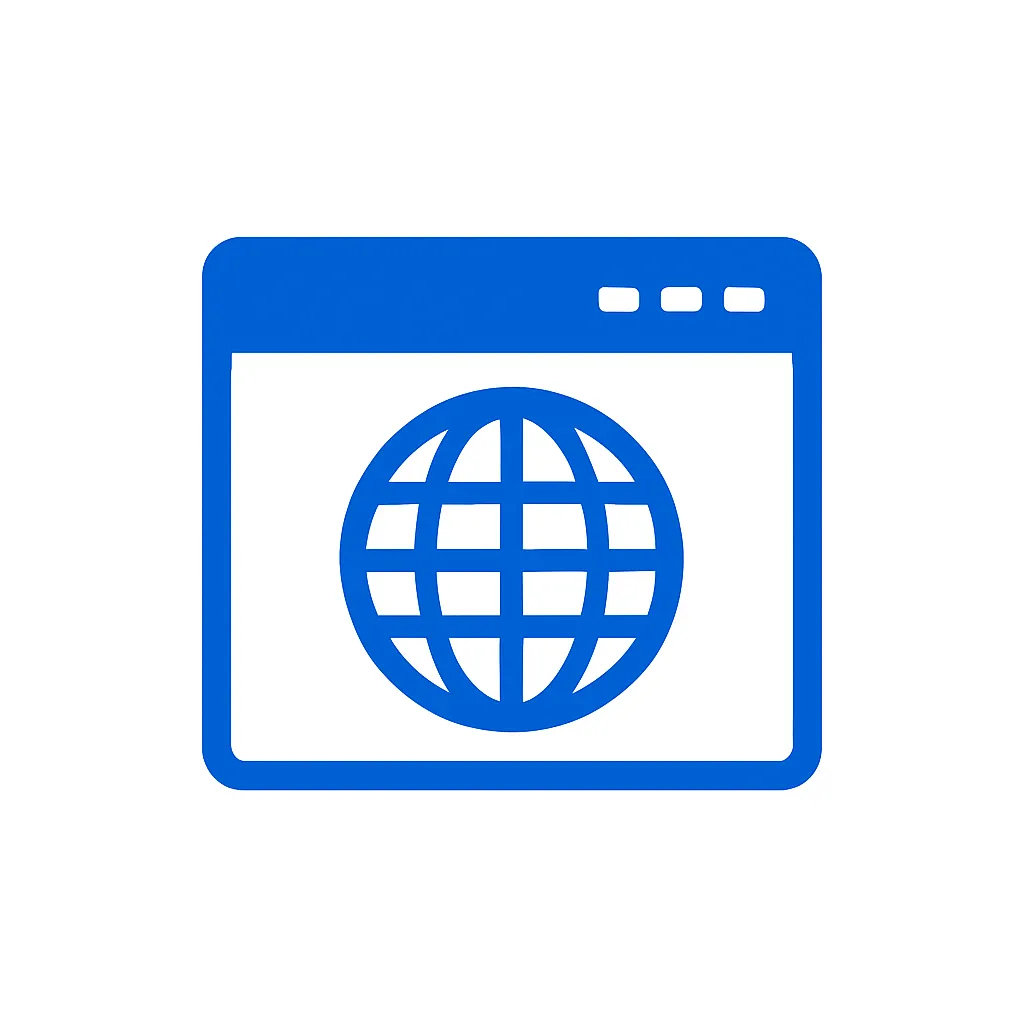 青のアイコンシリーズ：webブラウザ｜地球のマークやウィンドウ枠を組み合わせた、インターネットや閲覧を象徴するアイコン