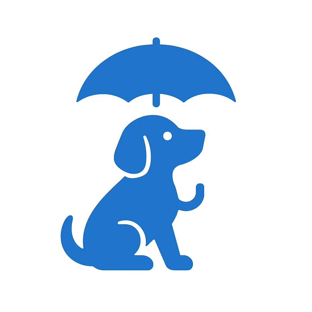 青のアイコンシリーズ：傘を差す犬｜青の傘を差す犬のアイコン、雨の日でも健気なシルエットがほっこり感を添えます。