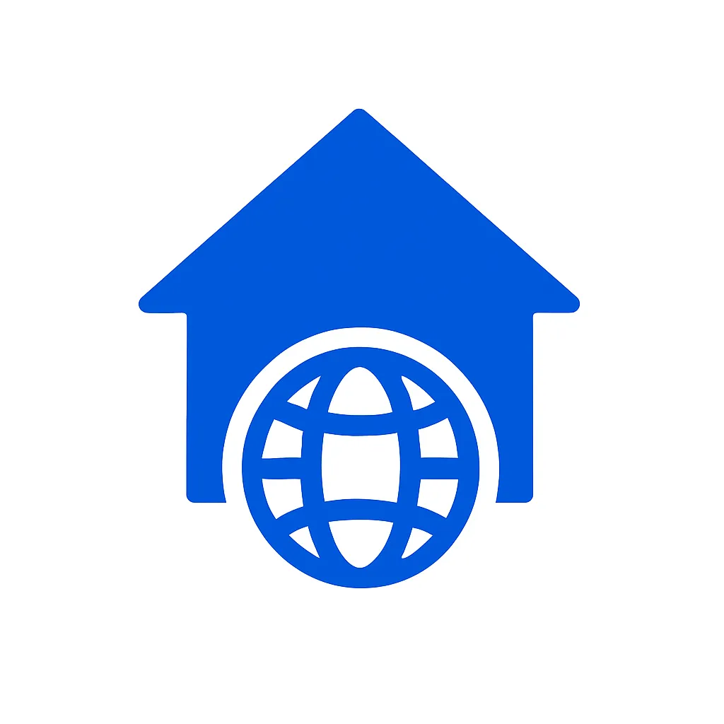 青のアイコンシリーズ：hpホームページ｜家と地球を組み合わせたような形で、Web上の拠点や公式情報源を象徴するアイコン