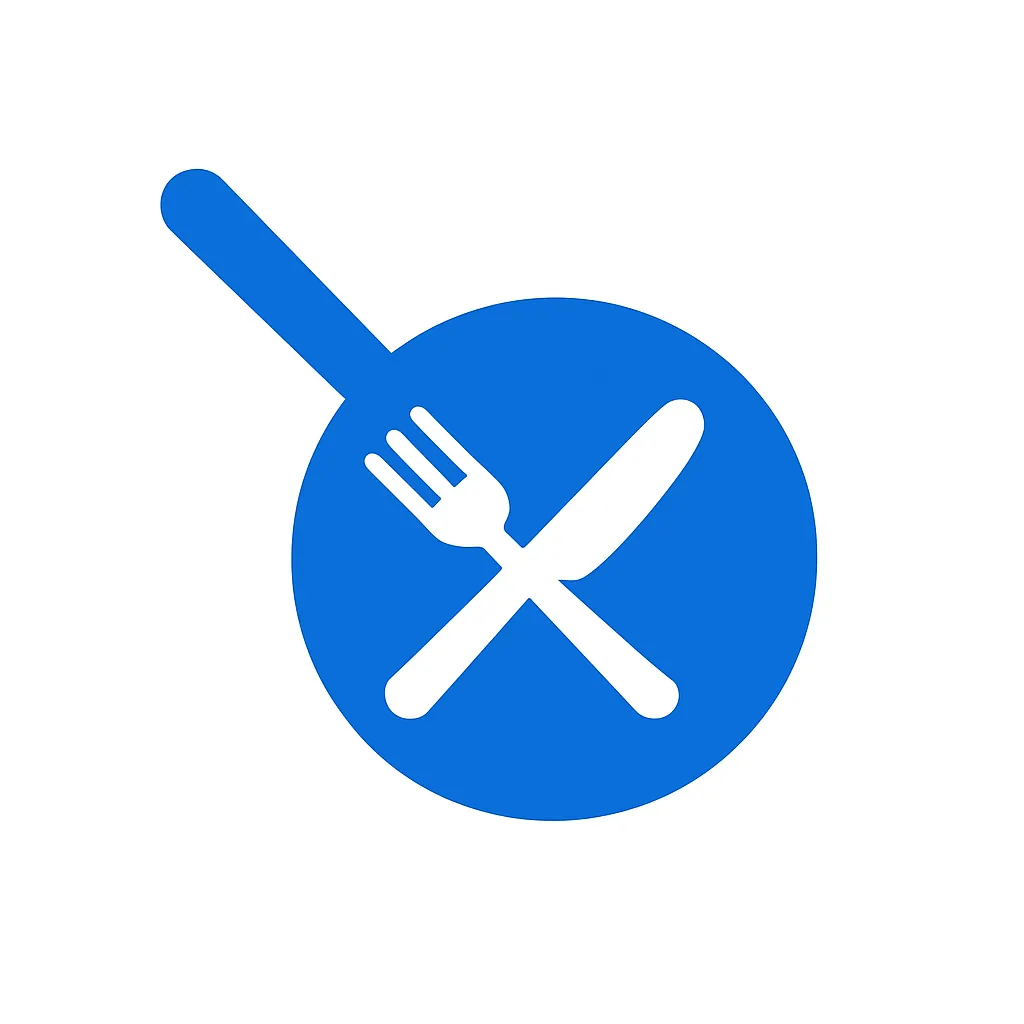 青のアイコンシリーズ：料理｜フライパンやフォーク＆ナイフの組み合わせで、食事や調理に関する操作やシーンを表すアイコン