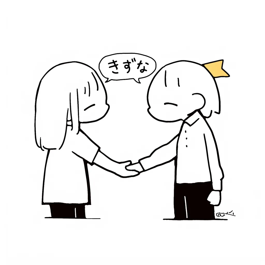 シンプルなキャラクターの握手 絆｜コミカルなタッチとシンプルな線画で描かれたキャラクターたちの握手。手を取り合う姿からは、友情や支え合う心が伝わり、絆の象徴として親しみやすいデザインになっている。