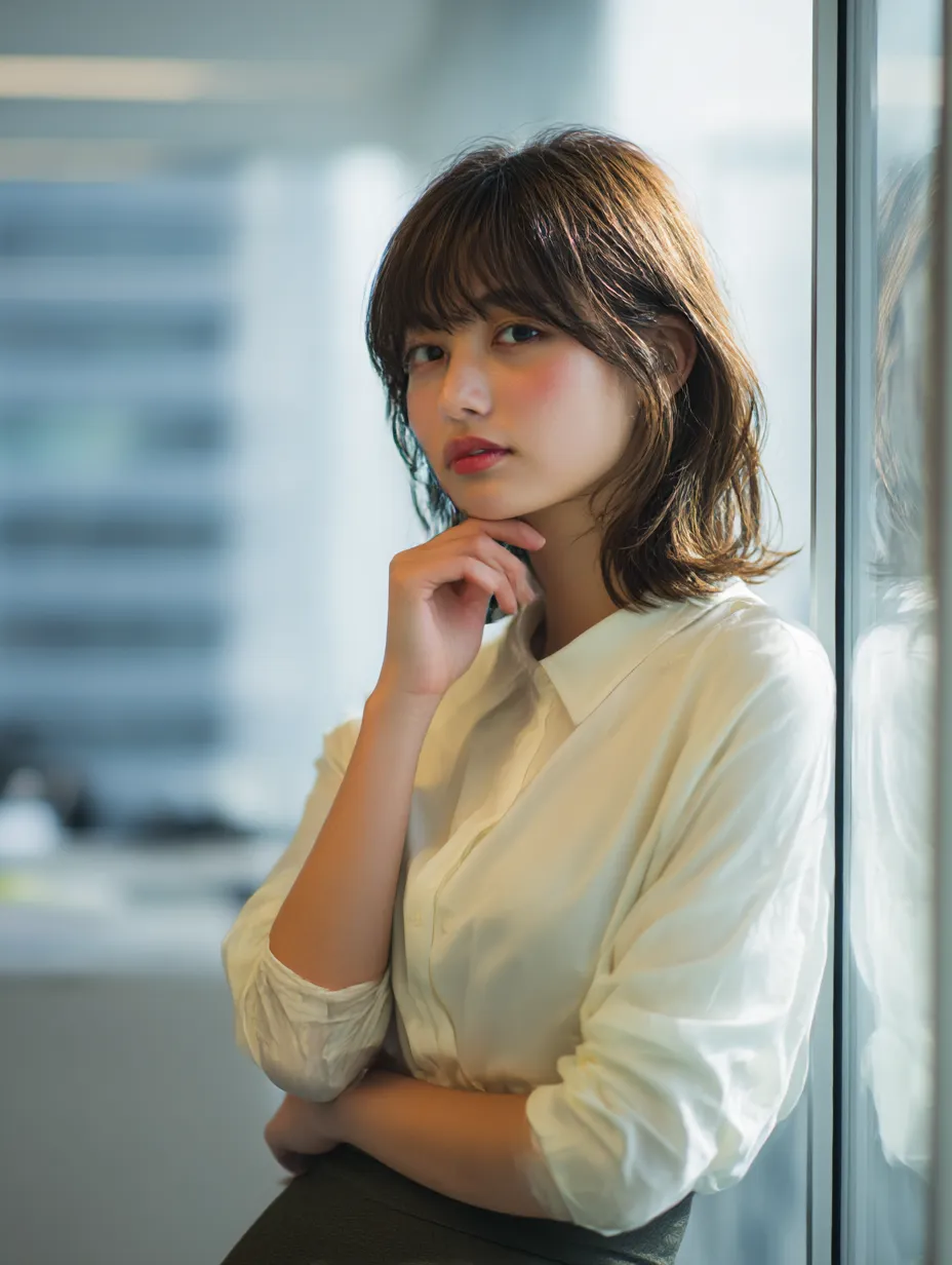 働く女性とオフィスの窓際光景｜白シャツ姿で考え込むような表情が印象的な働く女性。やわらかな自然光と背景のビル群が調和し、オフィスの日常風景を切り取った信頼感のあるビジネス写真素材です。