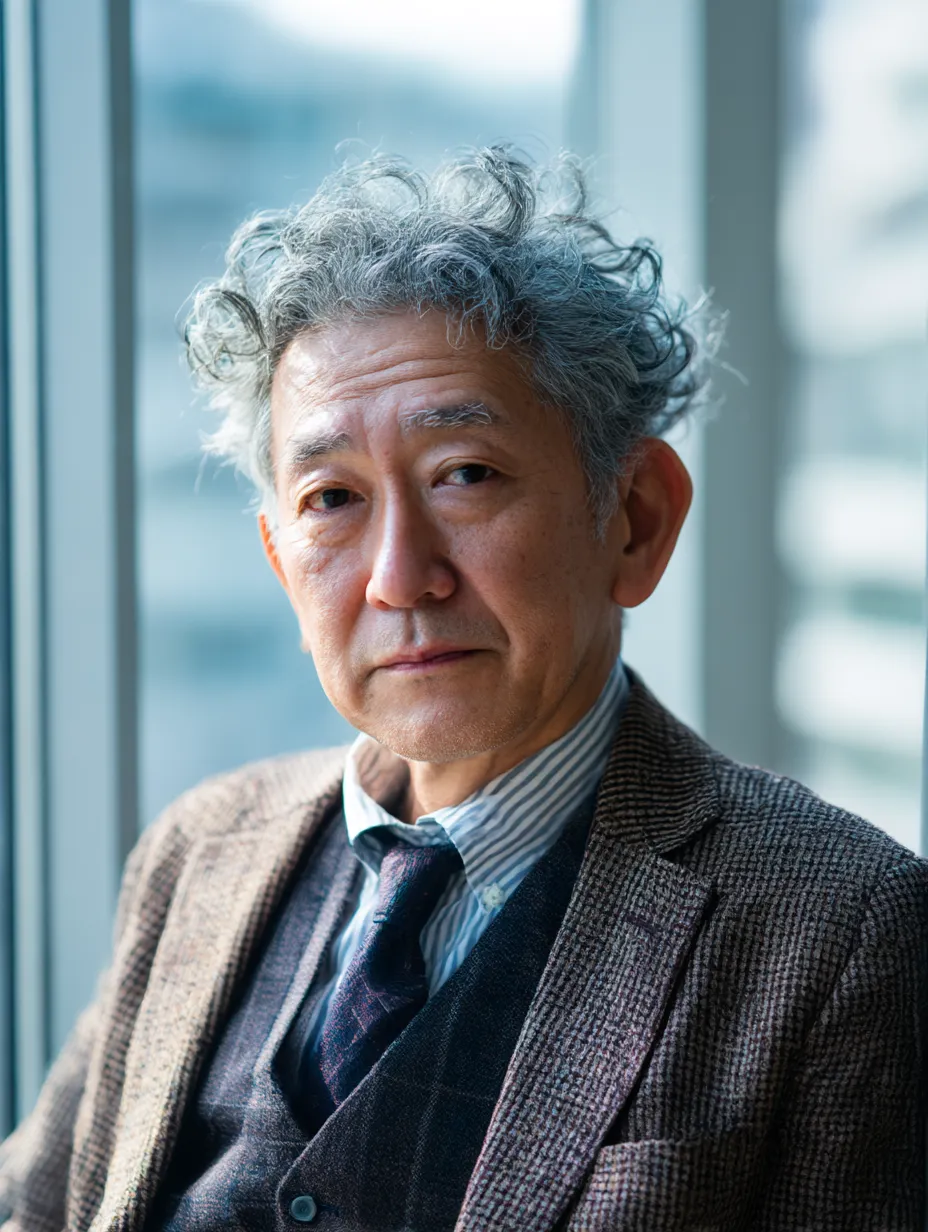 親しみと風格をあわせ持つ社長の表情｜ガラス窓のそばでこちらを見つめる社長の柔らかな眼差しが印象的な素材です。優しい表情とカジュアルな服装が、気さくな「社長」像を自然に伝えます。