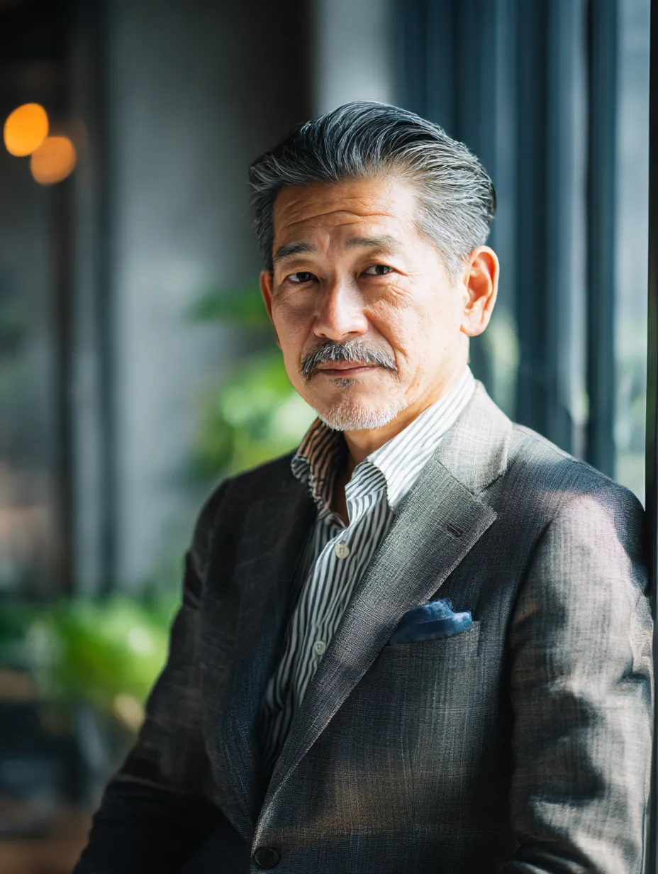 静けさの中に威厳を宿す社長の視線｜シックな背景と落ち着いた光に包まれた社長のポートレート。背筋を伸ばした姿勢と穏やかな表情が「社長」の経験と信頼感をさりげなく表現しています。
