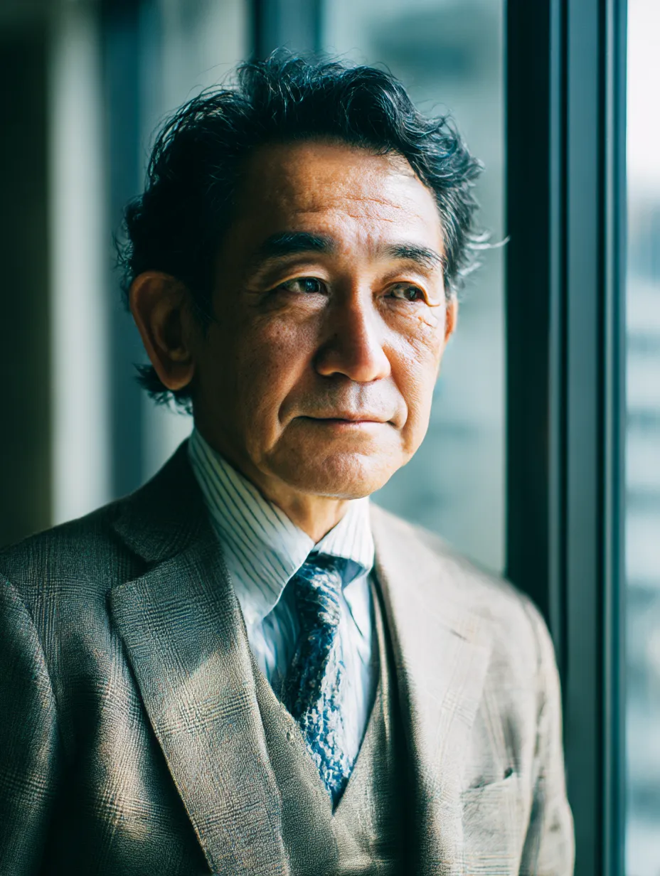 窓辺で未来を見つめる社長のまなざし｜都市の風景を背景に、窓際で静かに外を眺める社長を捉えた素材。ニュートラルな色調と自然な構図が「社長」の冷静かつ柔軟な思考を象徴します。
