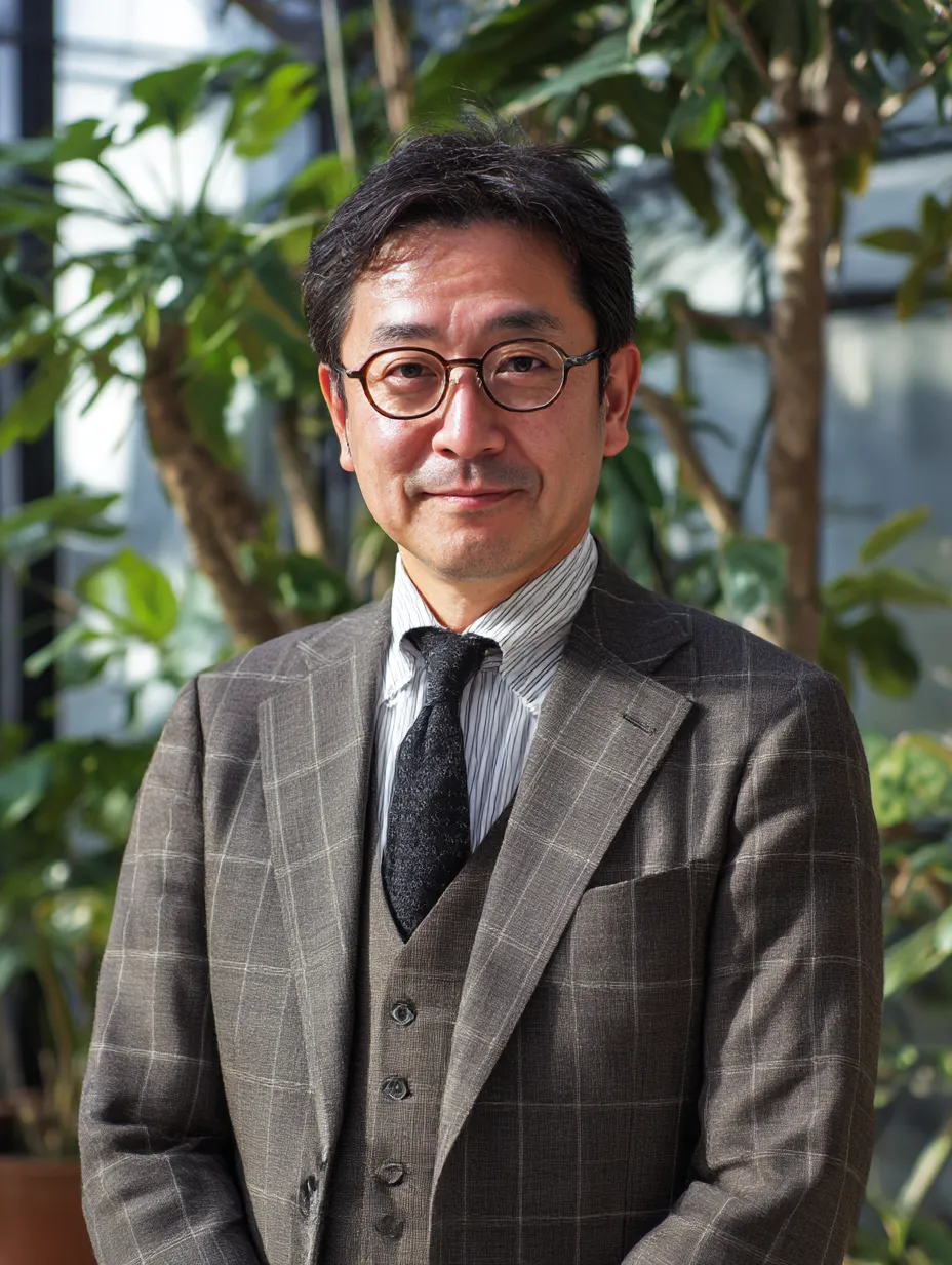 明るい笑顔で魅せる社長のポートレート｜チェック柄スーツとラウンドメガネが印象的な社長の立ち姿。背景のグリーンと柔らかな光が調和し、「社長」の落ち着きと親しみやすさを引き立てるビジネス写真素材です。
