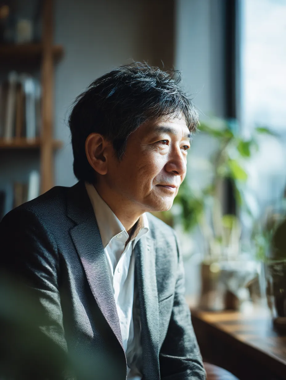 柔らかな光の中で語る社長のまなざし｜木の温もり感じる空間で、優しい表情を浮かべる社長を捉えた一枚。ナチュラルな雰囲気が印象的で、静かに語りかけるような「社長」の知性と誠実さを映します。