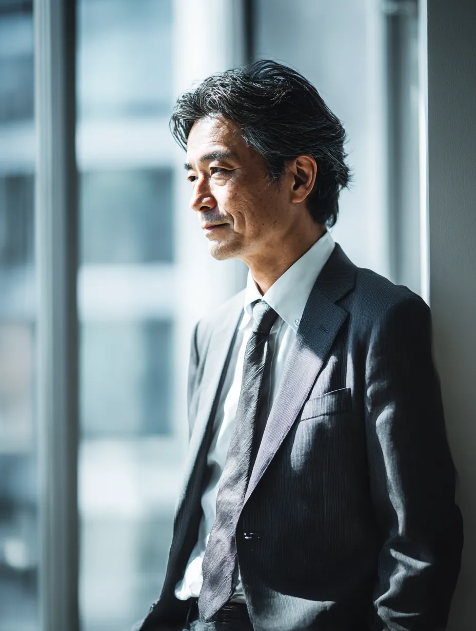 ビルの窓辺で未来を見つめる社長｜大きな窓から差し込む光を背に、静かに佇む社長の姿が印象的な構図。透明感のあるトーンでまとめられ、「社長」の先見性と落ち着いたリーダーシップを伝えます。