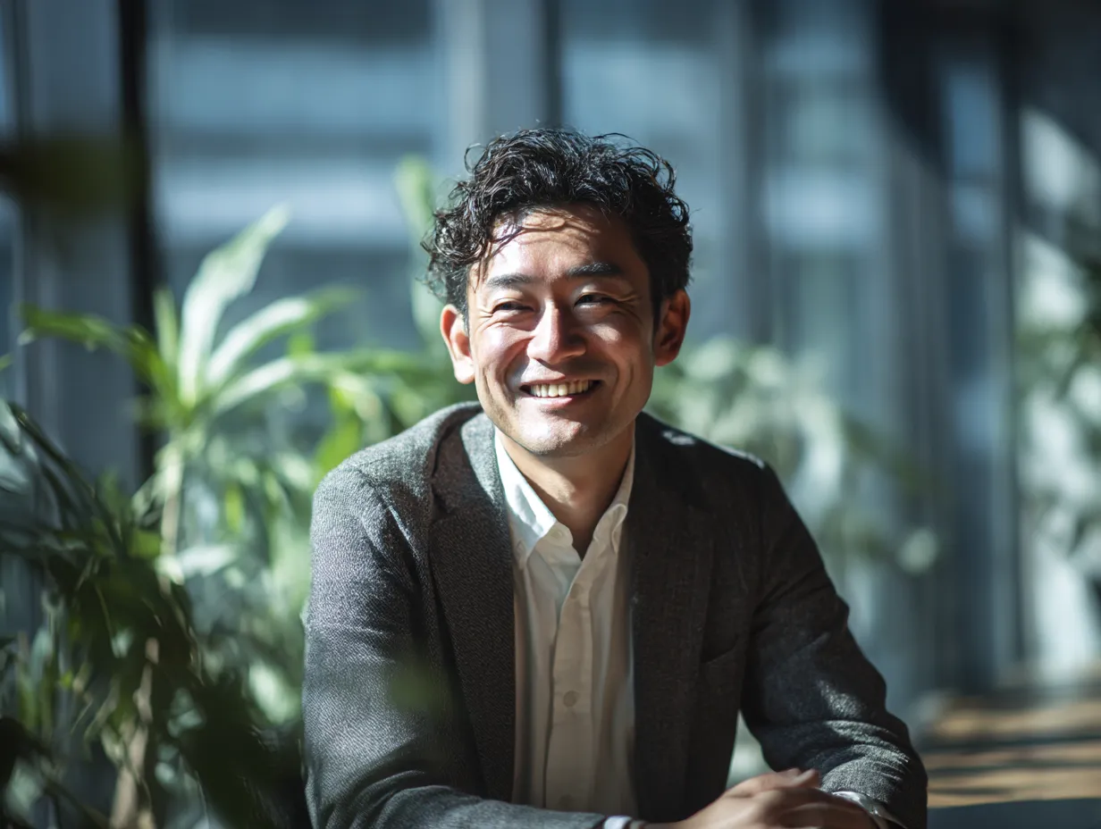 緑あふれる中で笑顔の社長が語る瞬間｜自然光と植物が彩る空間で、満面の笑顔を見せる社長の姿を切り取った素材です。明るい表情が「社長」の開放的な人柄と安心感を演出し、温かみある企業イメージに貢献します。