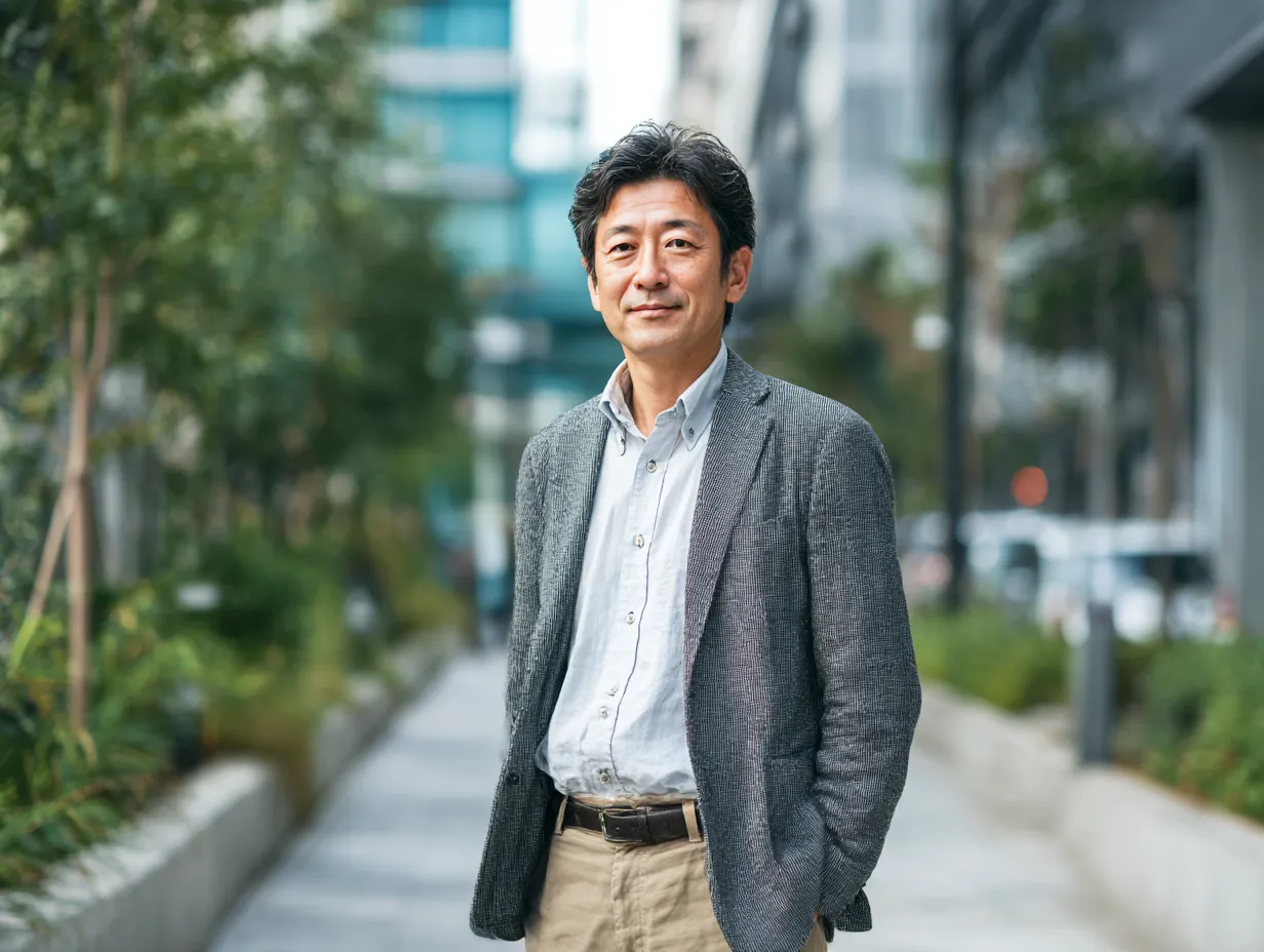 街中でカジュアルに立つ社長の姿｜オフィス街の一角でカジュアルな装いの社長が自然に立つ一枚。背景の都会的な風景と柔らかな表情が調和し、現代的で柔軟な「社長」のスタイルを表現しています。