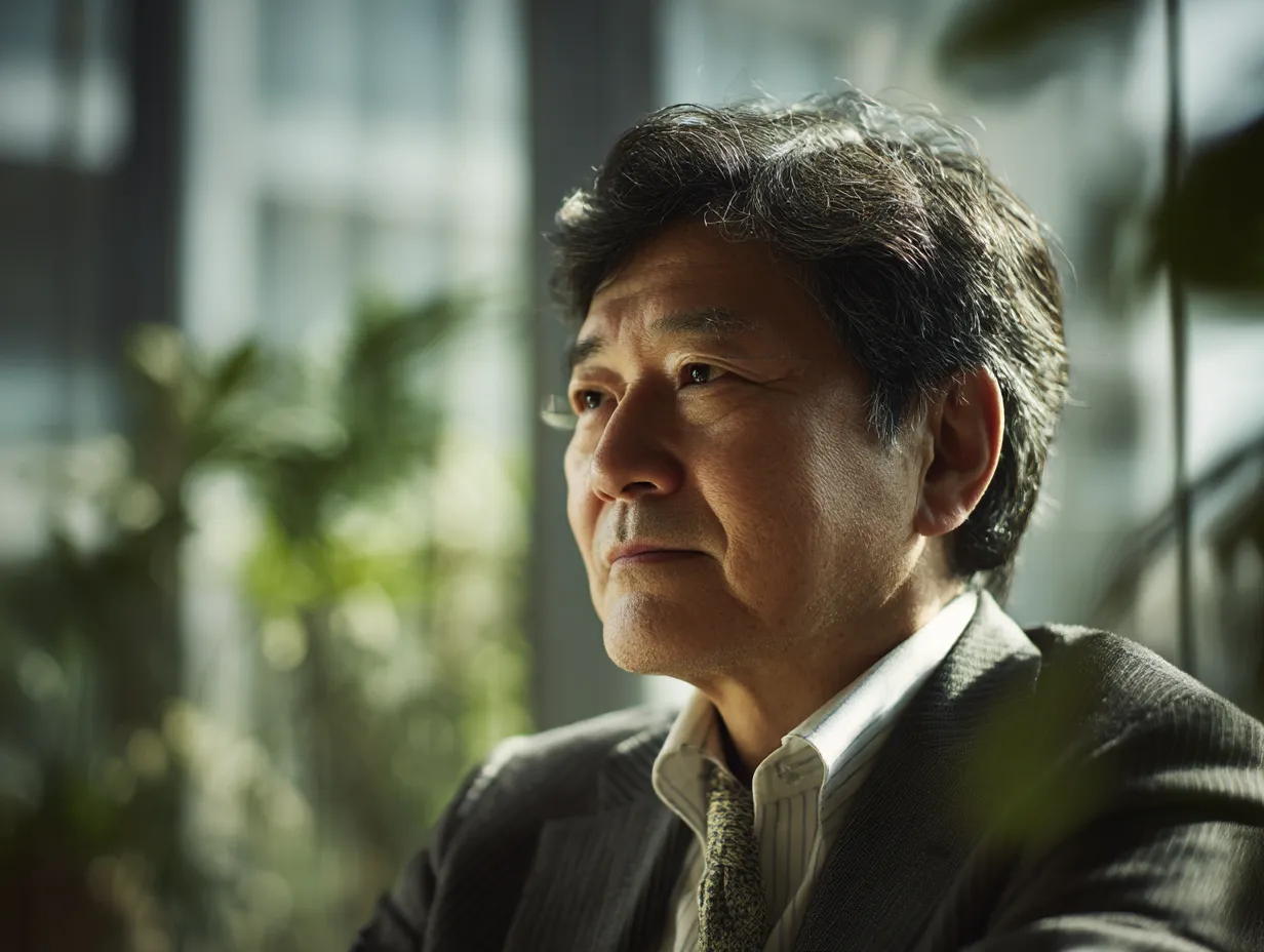 沈思する社長の横顔に差す自然光｜柔らかな光に包まれて窓際で物思いにふける社長をとらえた落ち着いた構図。緑と光の陰影が美しく、「社長」の深い洞察力と誠実な姿勢を静かに語ります。