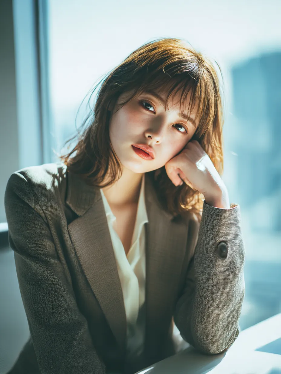 働く女性と明るい執務スペース｜光あふれるデスク横で頬杖をつく働く女性が、ナチュラルで柔らかな雰囲気を醸し出します。色調と構図が均整のとれた、親近感のある働く女性のビジネス素材です。