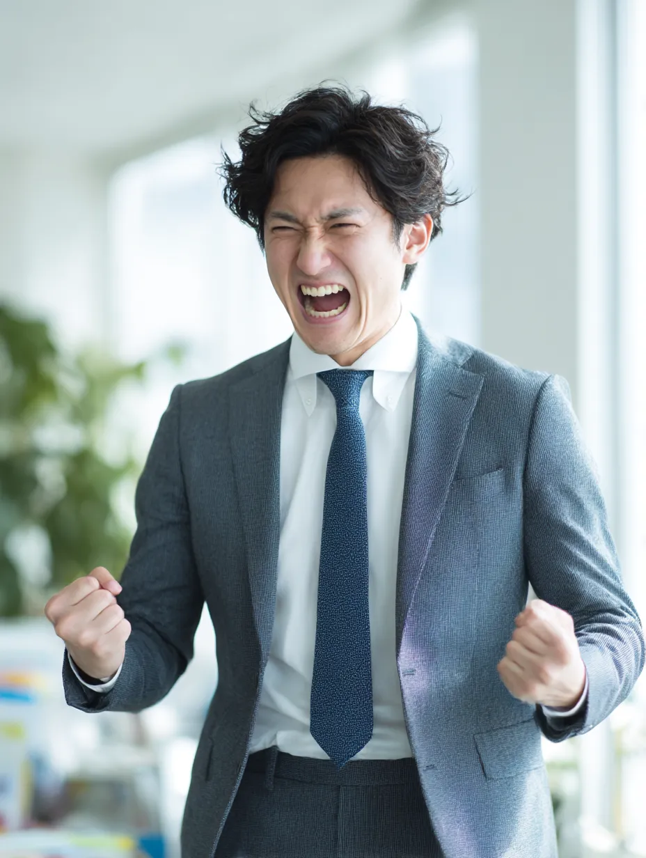 全力で喜びを表現する男性のガッツポーズ｜明るいオフィスで全身を使って喜びを表す男性の姿。満面の笑みと力強いガッツポーズが情熱とエネルギーを伝え、達成感や成功の場面に最適な素材です。