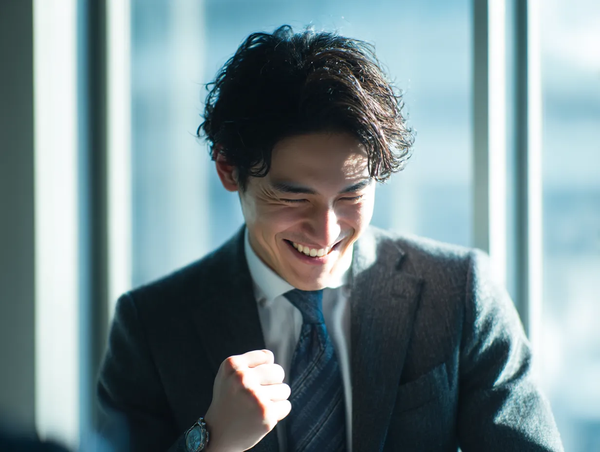 達成感に満ちた笑顔のガッツポーズ｜窓辺の自然光に包まれて、うれしそうに拳を握る男性の笑顔が魅力の素材。さりげないガッツポーズが親しみやすさと実力の両方を表現し、ポジティブな印象を与えます。