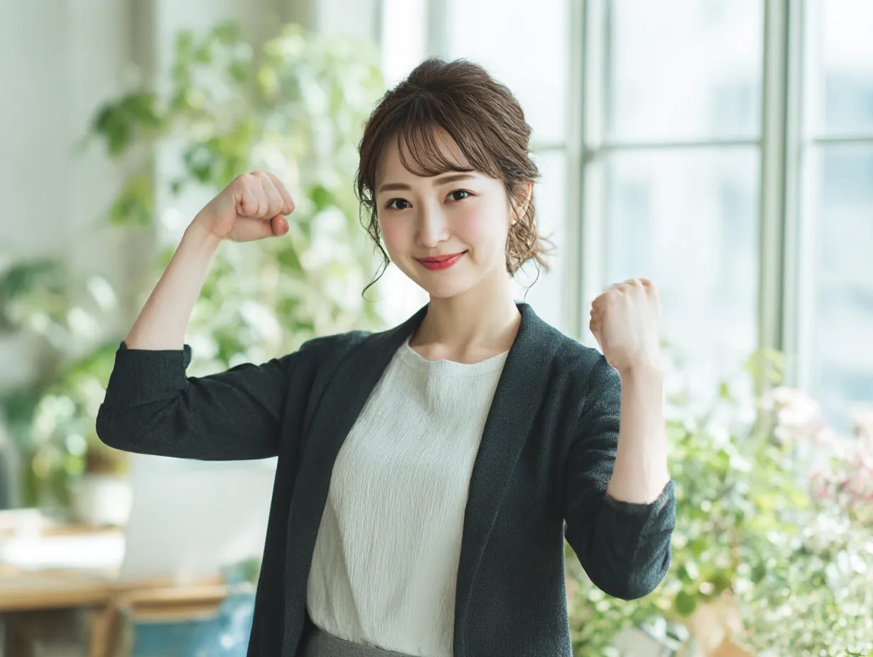 笑顔でダブルガッツポーズする女性｜明るい室内で両拳を力強く握る女性の姿。やわらかな表情とナチュラルな光が調和し、元気と親しみを感じさせるガッツポーズが日常の前向きな気持ちを伝えます。