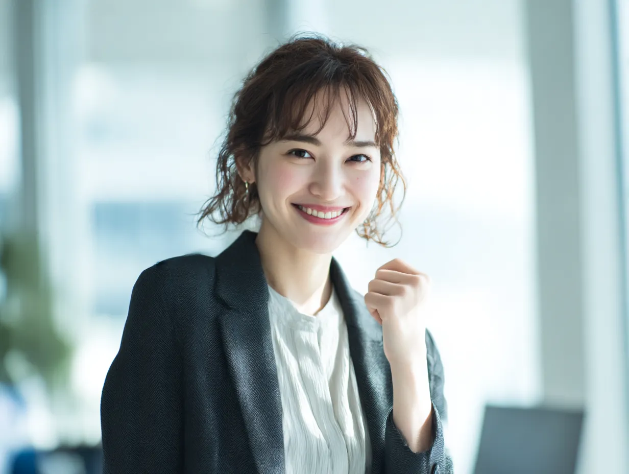 やさしい笑顔のガッツポーズカット｜ほほえみながら軽やかに拳を握る女性の姿が印象的なビジネス素材です。背景の柔らかな光とやわらかい色味が、自然体のガッツポーズを爽やかに演出しています。
