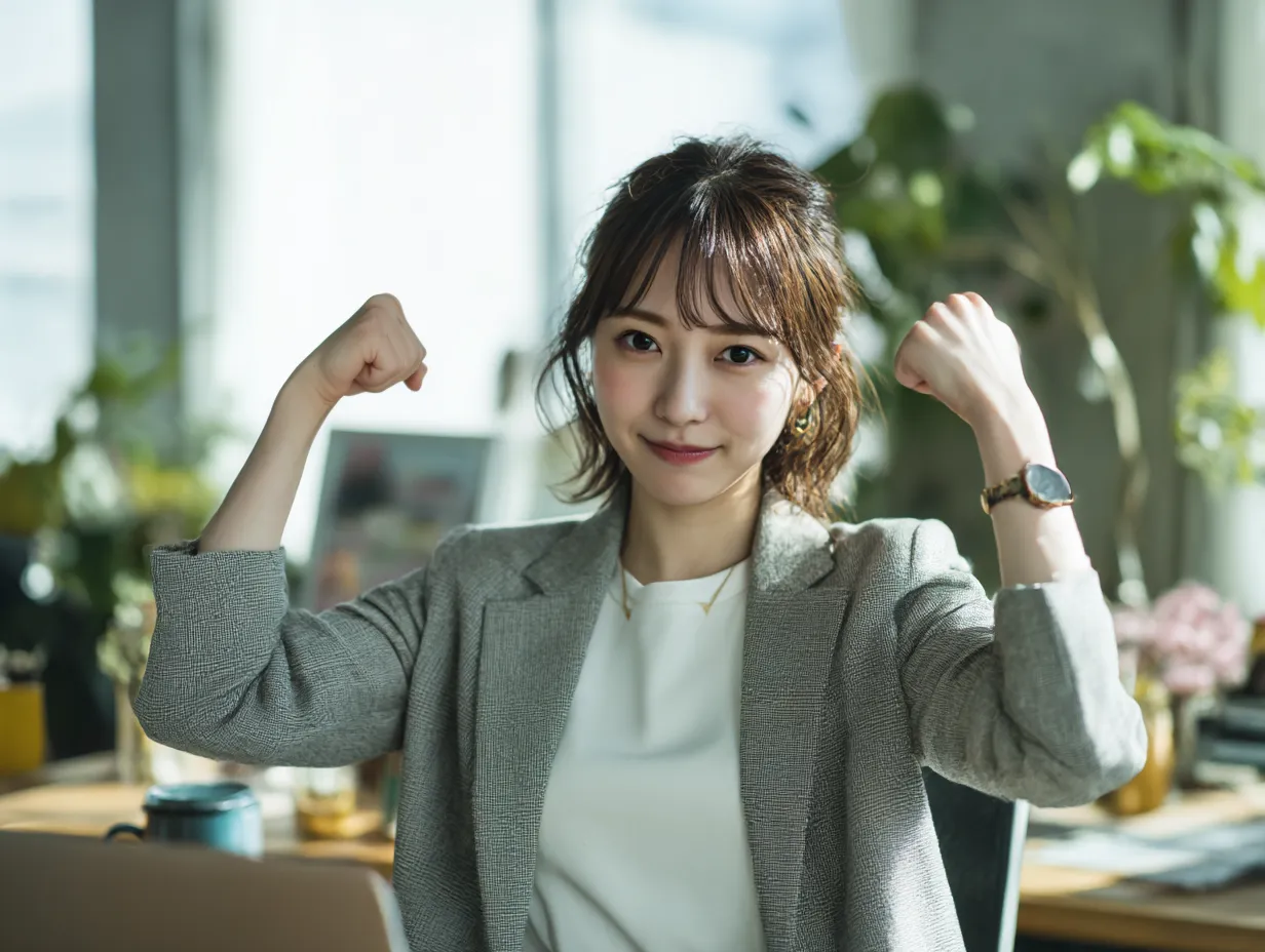 机越しにガッツポーズする働く女性｜オフィスデスクの前で両腕を掲げる女性の姿を収めた素材。緑のある空間での明るい表情が、仕事へのモチベーションや成果への自信をガッツポーズで表現しています。