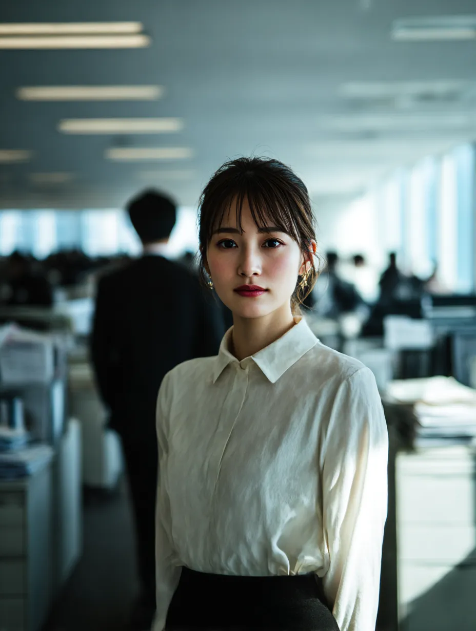 働く女性と真剣な視線の先｜オフィスフロアを背景に、まっすぐな視線でこちらを見つめる働く女性。落ち着いたトーンと構図が集中力と信頼感を伝える、リアルなビジネス写真素材として最適です。