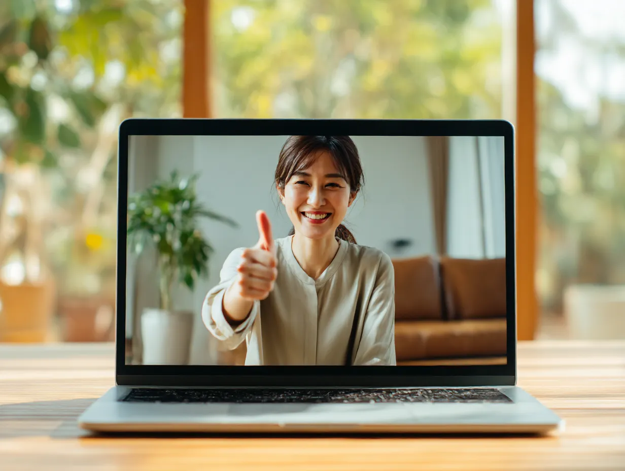画面越しに伝える応援のサムズアップ｜ビデオ通話中に画面越しで親指を立てる女性の姿が印象的な一枚。デジタル越しでもしっかりと伝わる応援の気持ちが、テレワークやオンライン会議の場面にぴったりです。