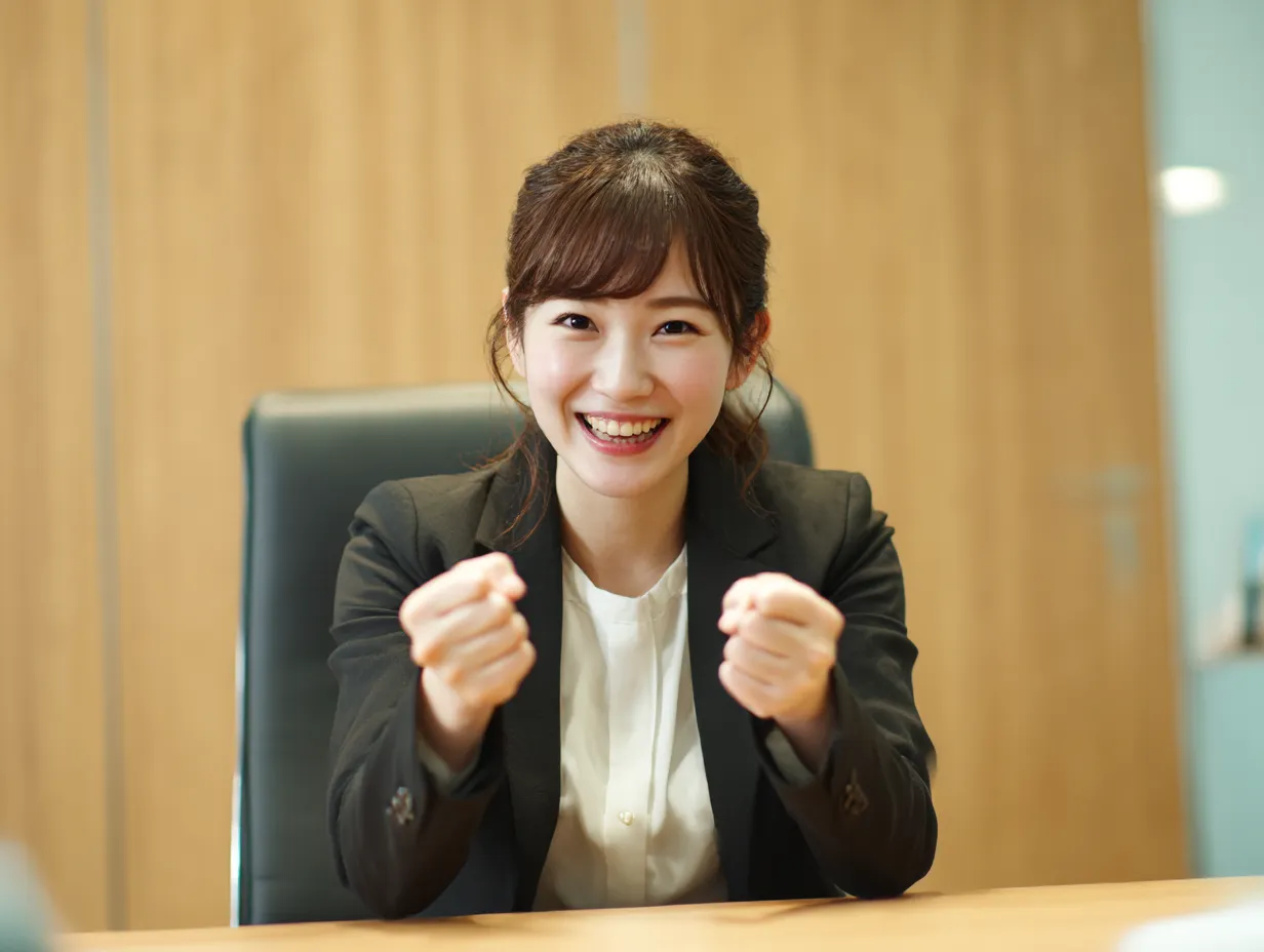 がんばれガッツポーズの女性｜明るい表情でガッツポーズを見せる女性のビジネスシーン。清潔感のあるオフィス背景と自然光が、元気で前向きな印象を与える。がんばれという気持ちを写真からも感じ取れる一枚。
