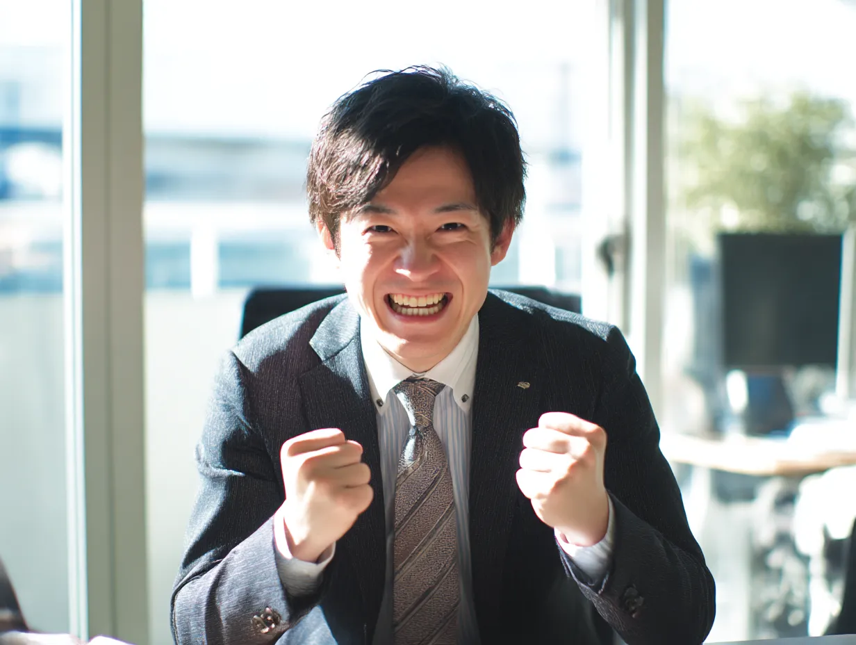 がんばれガッツポーズの男性１｜自然光の差し込むオフィスでガッツポーズをする若い男性。力強い笑顔とスーツ姿が、フレッシュさとやる気を表現する。チームのがんばれを象徴するシーンとしても使いやすい。