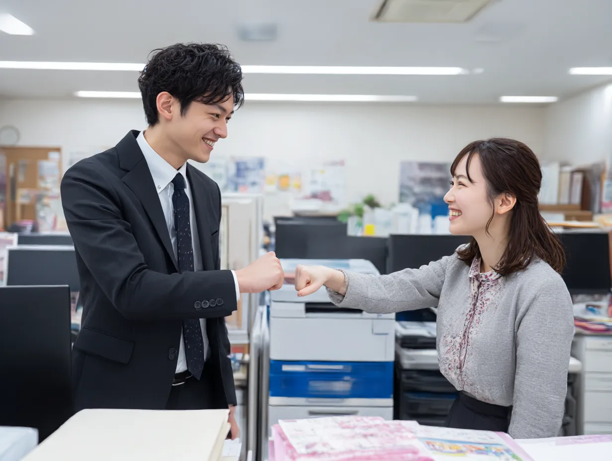 がんばれ拳タッチの男女社員｜オフィス内で拳を合わせて笑顔を交わす男女社員の様子。信頼関係や協力体制を表す構図で、がんばれの気持ちを互いに伝え合うシーンとして使えるビジネス素材。