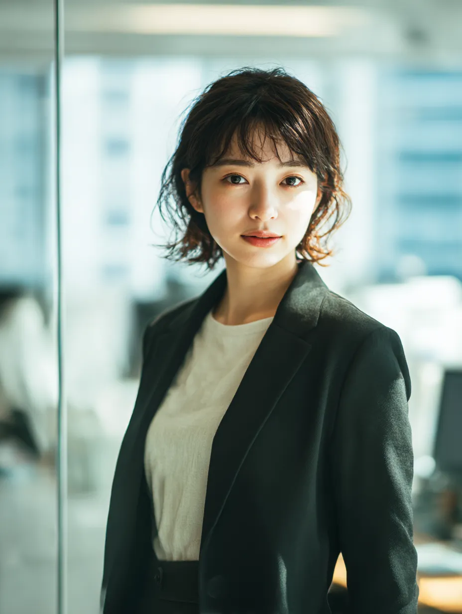 働く女性と清潔感ある立ち姿｜自然光に包まれた明るいオフィスで、穏やかな笑みを浮かべる働く女性。背景のボケ感とシャープな描写が調和し、企業紹介や広報用途にも向く信頼性の高いビジネス素材です。