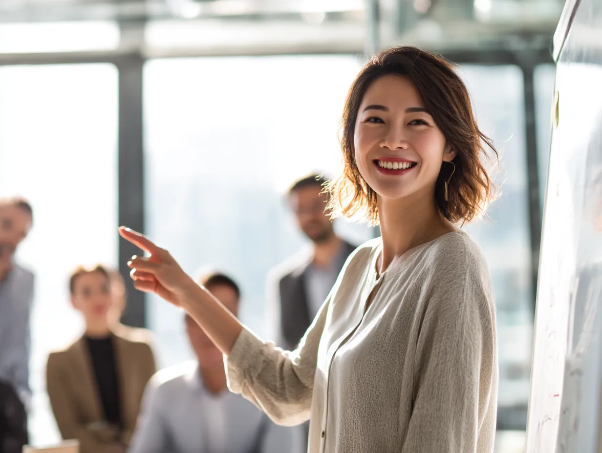 憧れを集める女性リーダー｜笑顔でホワイトボードを指す女性と注目する仲間たちの視線が印象的。自然光の中で輝く存在感が、誰もが憧れたくなるようなリーダー像を際立たせている。