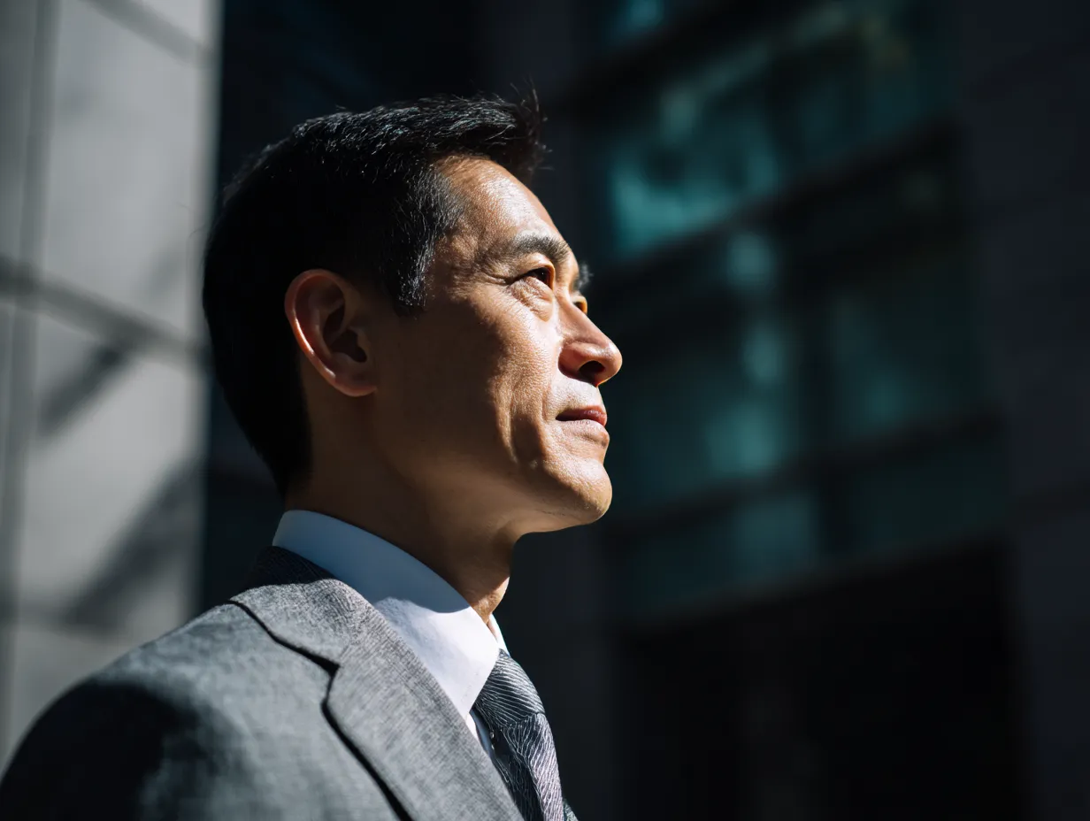 ビル街で静かに憧れを語る横顔｜深い影と硬質な光が織りなすシックな雰囲気の中、斜めを見上げる男性の表情が心に残る。揺るぎない視線に憧れの気配を感じさせる構図。