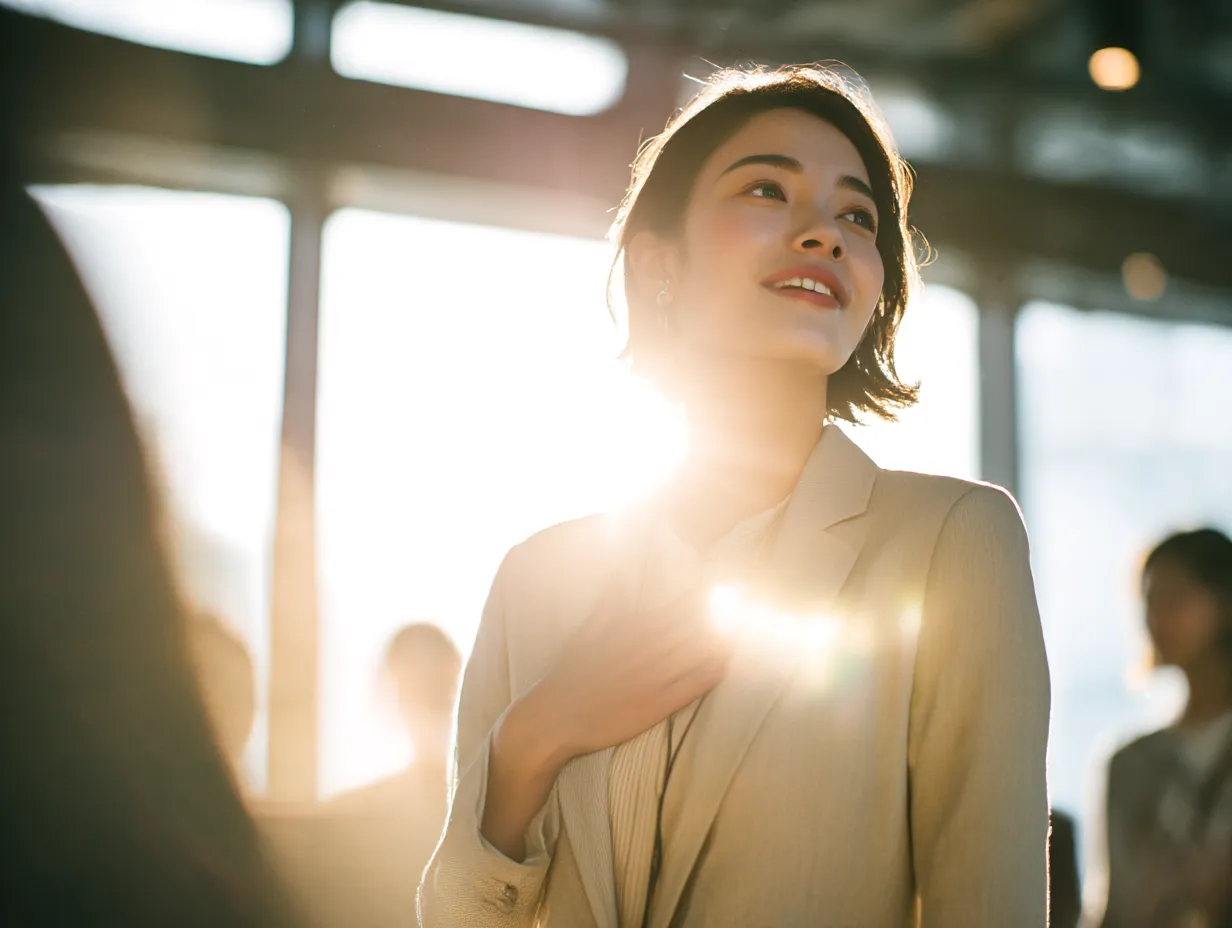 憧れに手を添える女性の光景｜胸元に手を当てて微笑む女性がまばゆい光に包まれた瞬間。逆光と柔らかなボケ感が、憧れの感情を美しく浮かび上がらせる印象的な写真。